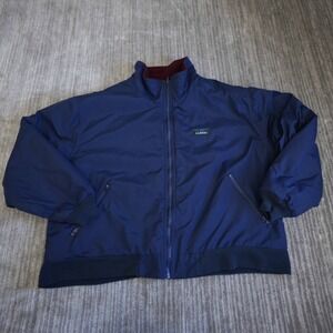LL Bean Warm Up Jacket Men Navy Blue Fleece Lined Nylon Full Zip Pockets Vintage